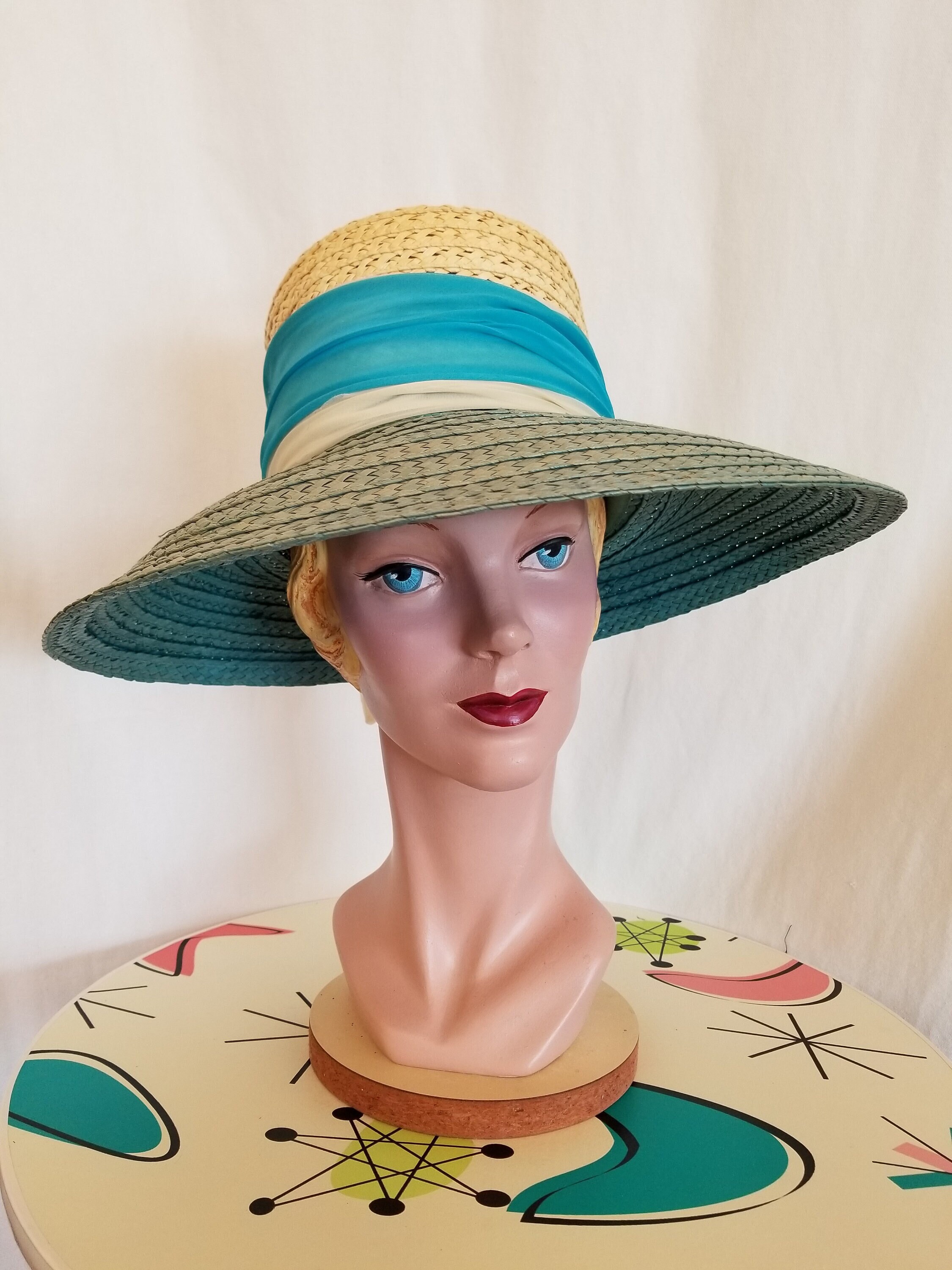 1970's Raffia Weave Summer Hat With Teal and White Scarf - Etsy