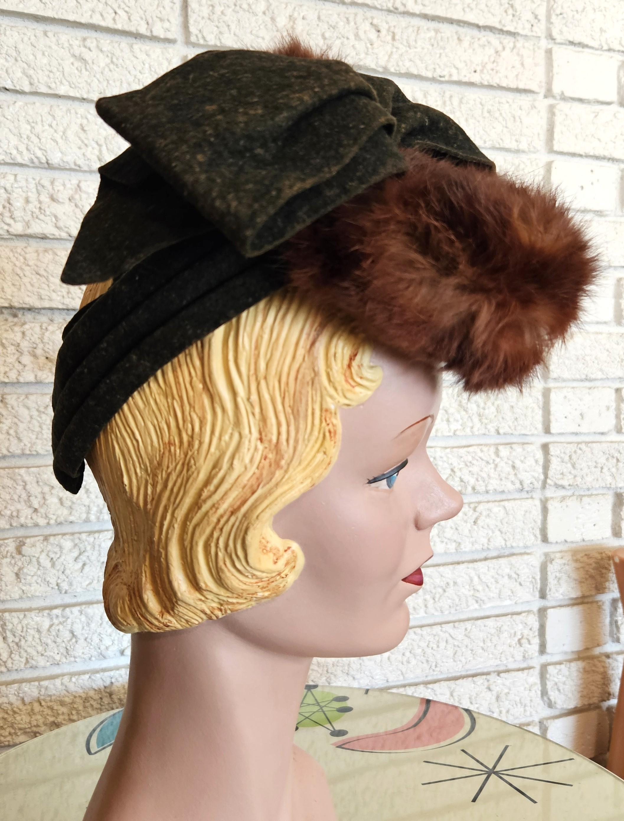 1940s Felt Hat With Bow and Mink Fur , Size 22 - Etsy display picture 1