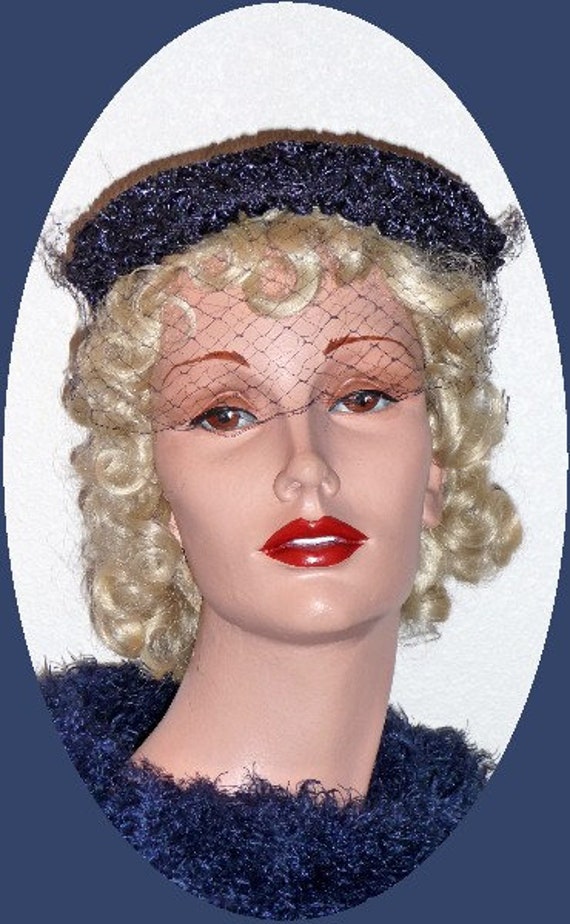 1950's Navy Cocktail Hat with Netting! - image 1