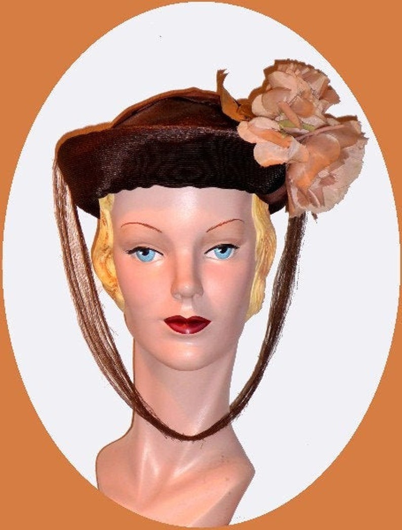 1940s Brown Straw Weave Suit Hat with Big Floral image 1