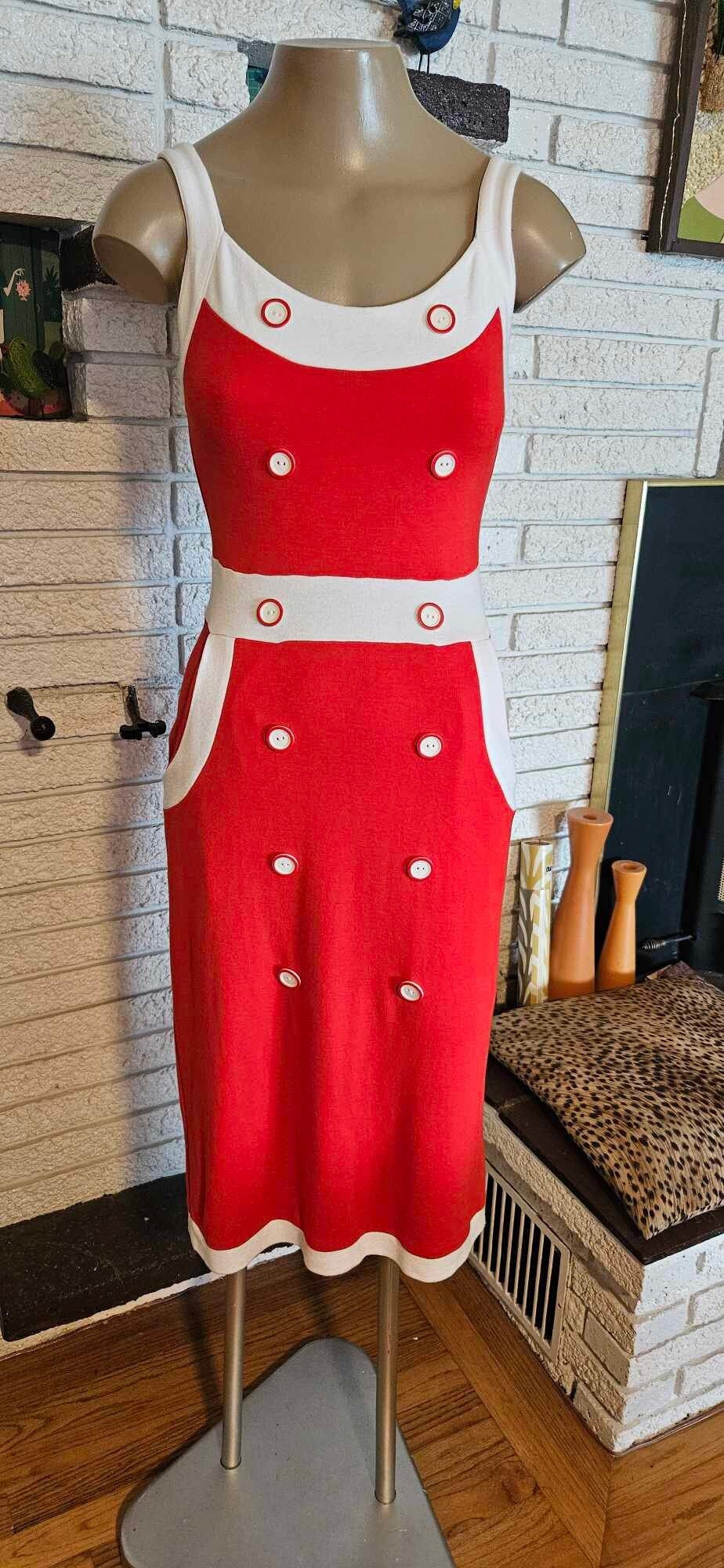 Abito tubino retrò rosso e panna in maglia elasticizzata! Taglia - Main Image