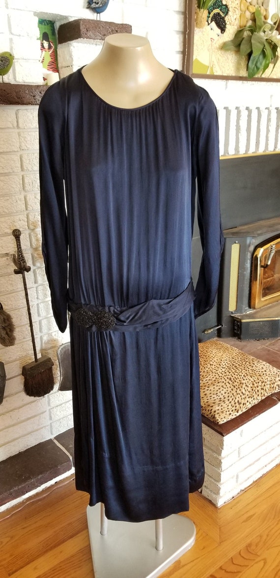 1920's Evening Navy Silk Dress with Drop Waist bea