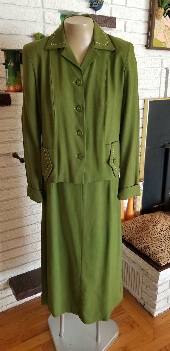 1950's Kelly Green Linen 2 Piece Suit!! Sz 12