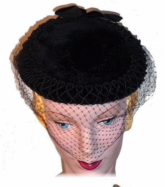 1950's Black Velvet Cocktail Hat with netting! - image 2