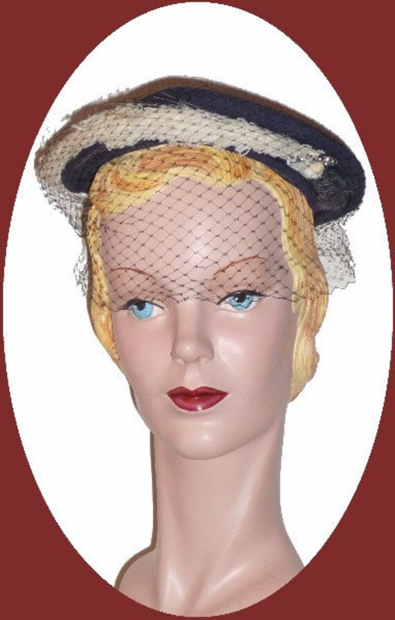 1950's Navy Dress Weave Hat with Yarn Feather and 