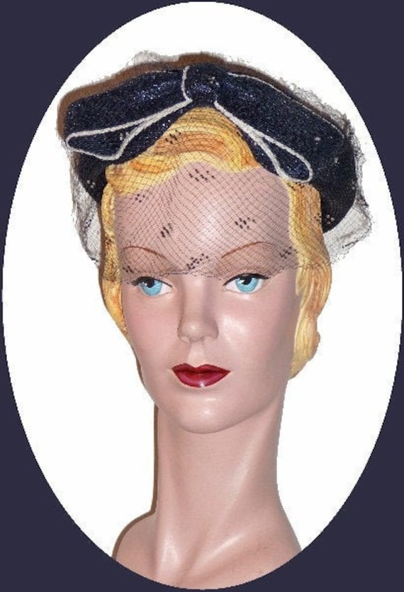 1950's Navy Straw Weave Hat with Netting!!