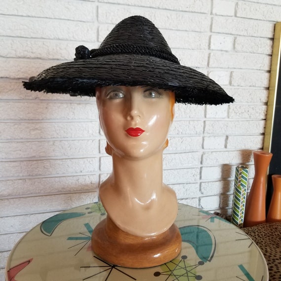 NEW!! 1950's Black Raffia Weave Summer/Fall Hat! … - image 2