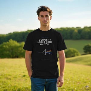 May include: A black short-sleeved t-shirt featuring the white text CURIOSITY LOOKS GOOD ON YOU and a graphic of a white triangle prism refracting a beam of light into a multi-coloured rainbow spectrum on the front centre of the garment.