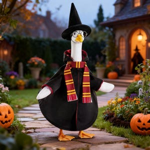 May include: A white goose figurine wearing a black pointed wizard hat, round wire-rimmed glasses, and a black hooded cloak with a red lining. A red and yellow striped scarf is draped around the neck of the goose, which has orange feet.