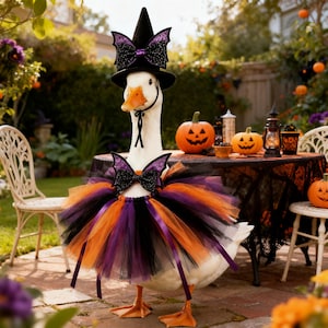 May include: A white duck wearing a black witch hat with a purple glittery butterfly accent, a matching purple butterfly bow tie, and a layered tulle tutu in black, orange, and purple colors with long ribbon streamers hanging from the waist.