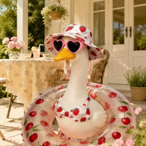 Può includere: Una statuetta di anatra bianca che indossa un cappello da pescatore bianco con motivo a fragole rosse, occhiali da sole rosa a forma di cuore e un top bikini abbinato con stampa a fragole, posizionata in un salvagente gonfiabile trasparente.