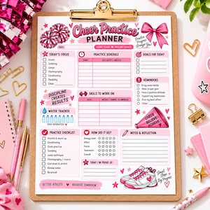 May include: A Cheer Practice Planner on a wooden clipboard featuring pink and white graphics, including a megaphone, sneakers, and a bow. The planner includes sections for practice schedules, goals, water tracking, and checklists with text in English.