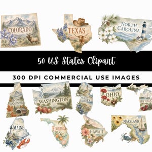 Peut inclure: Une collection d'illustrations style aquarelle des États américains, dont le Colorado, le Texas, la Caroline du Nord, le New Hampshire, Washington, le New Jersey, l'Ohio, le Michigan, le Maine, la Floride, Hawaï et le Maryland, intitulée 50 US States Clipart 300 DPI.