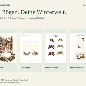 Vier originale PDF-Beispiele für Grundset, Adventspost, Schmuckatelier und Schmucktaschen. Winterpost enthält 95 Bastelbögen plus 24 Seiten Anleitung und Impulse, jeweils in A4 und US Letter.