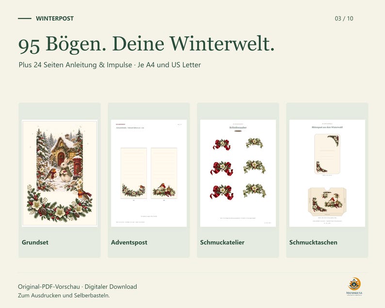Vier originale PDF-Beispiele für Grundset, Adventspost, Schmuckatelier und Schmucktaschen. Winterpost enthält 95 Bastelbögen plus 24 Seiten Anleitung und Impulse, jeweils in A4 und US Letter.