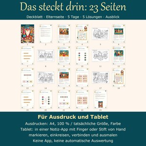 K&ouml;nnte beinhalten: Ein digitales Aktivit&auml;tsset mit 23 Seiten und dem Text Das steckt drin: 23 Seiten, Deckblatt, Elternseite, 5 Tage, 5 L&ouml;sungen, Ausblick, F&uuml;r Ausdruck und Tablet. Die Seiten enthalten Illustrationen von Gnomen, Labyrinthe und Zuordnungsspiele.