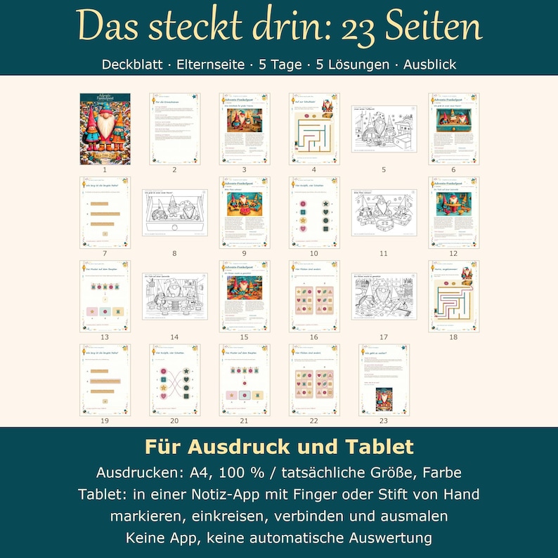 K&ouml;nnte beinhalten: Ein digitales Aktivit&auml;tsset mit 23 Seiten und dem Text Das steckt drin: 23 Seiten, Deckblatt, Elternseite, 5 Tage, 5 L&ouml;sungen, Ausblick, F&uuml;r Ausdruck und Tablet. Die Seiten enthalten Illustrationen von Gnomen, Labyrinthe und Zuordnungsspiele.