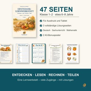 以下が含まれることがあります： Erntedank-Lernwerkstattというタイトルの47ページの教育用ワークブック。1〜2年生向けで、パン、カボチャ、果物などの収穫をテーマにしたイラストが描かれています。読書、算数、理科のワークシート、解答、2枚のA3ポスターが含まれています。