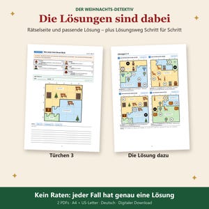 K&ouml;nnte beinhalten: Zwei wei&szlig;e Seiten mit der &Uuml;berschrift Der Weihnachts-Detektiv und dem Text Die L&ouml;sungen sind dabei. Die linke Seite zeigt ein Logikr&auml;tsel-Gitter mit Symbolen und Text, betitelt als T&uuml;rchen 3. Die rechte Seite zeigt die L&ouml;sungen, betitelt als Die L&ouml;sung dazu.