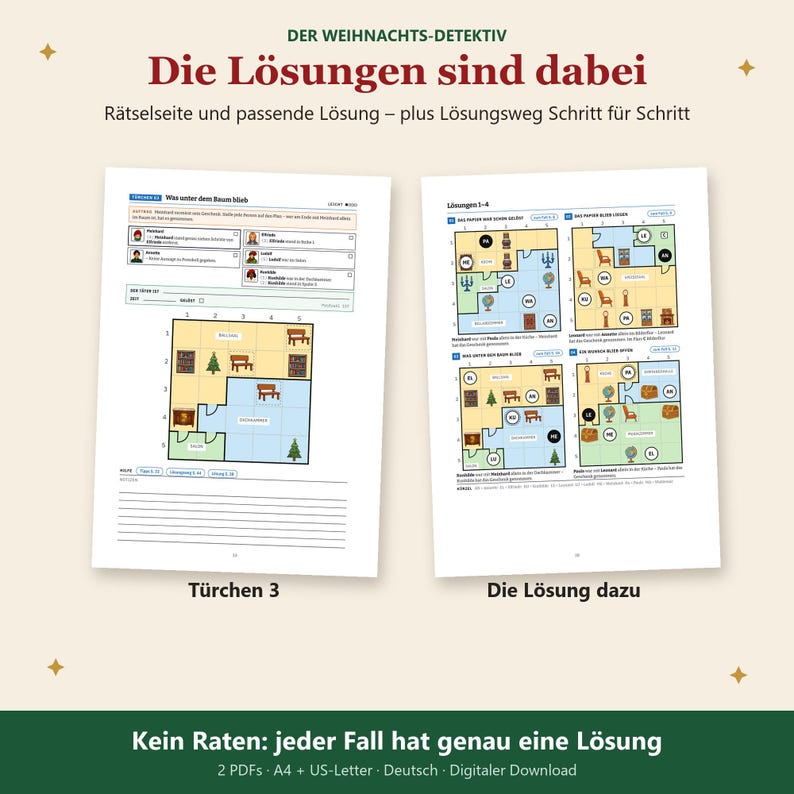 K&ouml;nnte beinhalten: Zwei wei&szlig;e Seiten mit der &Uuml;berschrift Der Weihnachts-Detektiv und dem Text Die L&ouml;sungen sind dabei. Die linke Seite zeigt ein Logikr&auml;tsel-Gitter mit Symbolen und Text, betitelt als T&uuml;rchen 3. Die rechte Seite zeigt die L&ouml;sungen, betitelt als Die L&ouml;sung dazu.