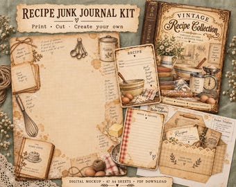 Vintage Recipe Junk Journal Kit | 47 Printable A4 Sheets | Recipe Scrapbook, Kitchen Ephemera & Journal Cards | PDF with Craft Guide