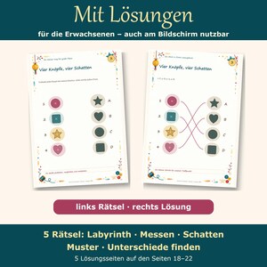 K&ouml;nnte beinhalten: Zwei p&auml;dagogische Arbeitsbl&auml;tter mit dem Titel Vier Kn&ouml;pfe, vier Schatten. Das linke Blatt zeigt eine Zuordnungsaufgabe mit nummerierten Kn&ouml;pfen und schattierten Formen mit Buchstaben. Das rechte Blatt zeigt die L&ouml;sung mit Verbindungslinien.