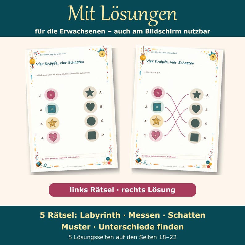 K&ouml;nnte beinhalten: Zwei p&auml;dagogische Arbeitsbl&auml;tter mit dem Titel Vier Kn&ouml;pfe, vier Schatten. Das linke Blatt zeigt eine Zuordnungsaufgabe mit nummerierten Kn&ouml;pfen und schattierten Formen mit Buchstaben. Das rechte Blatt zeigt die L&ouml;sung mit Verbindungslinien.