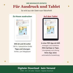 K&ouml;nnte beinhalten: Ein digitales R&auml;tselheft mit dem Titel DER WEIHNACHTS-DETEKTIV, dargestellt als Ausdruck und Tablet-Version. Das Bild zeigt ein Spiellayout mit R&auml;umen, Symbolen und Textanweisungen f&uuml;r den Ausdruck auf DIN A4 oder die Nutzung in einer PDF-App.