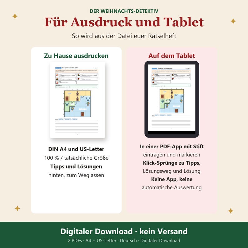 K&ouml;nnte beinhalten: Ein digitales R&auml;tselheft mit dem Titel DER WEIHNACHTS-DETEKTIV, dargestellt als Ausdruck und Tablet-Version. Das Bild zeigt ein Spiellayout mit R&auml;umen, Symbolen und Textanweisungen f&uuml;r den Ausdruck auf DIN A4 oder die Nutzung in einer PDF-App.
