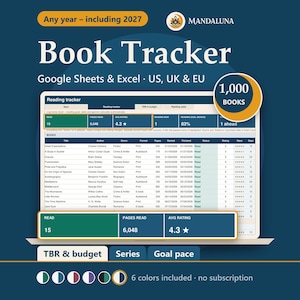 Könnte beinhalten: Eine digitale Buch-Tracker-Tabelle für Google Sheets und Excel mit dunkelblauem Hintergrund. Die Benutzeroberfläche zeigt Lesestatistiken, eine Liste von Büchern mit Titeln, Autoren, Genres und Bewertungen sowie Reiter für Budget, Serien und Leseziele.