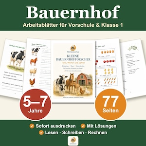 Könnte beinhalten: Ein Set aus pädagogischen Arbeitsblättern zum Thema Bauernhof für Vorschule und Klasse 1 mit dem Titel Kleine Bauernhofforscher. Die Seiten enthalten Tierillustrationen, Zählübungen mit Eiern und Karotten sowie Schreibübungen für Kinder von 5-7 Jahren.