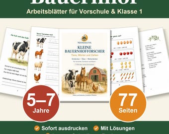 Könnte beinhalten: Ein Set aus pädagogischen Arbeitsblättern zum Thema Bauernhof für Vorschule und Klasse 1 mit dem Titel Kleine Bauernhofforscher. Die Seiten enthalten Tierillustrationen, Zählübungen mit Eiern und Karotten sowie Schreibübungen für Kinder von 5-7 Jahren.