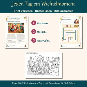 K&ouml;nnte beinhalten: Ein Set aus Arbeitsbl&auml;ttern mit dem Titel Jeden Tag ein Wichtelmoment, unterteilt in die Bereiche Vorlesen, R&auml;tseln und Ausmalen. Die Bl&auml;tter enthalten eine Geschichte mit Wichtel-Illustrationen, ein Labyrinth-R&auml;tsel und eine Malvorlage.