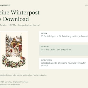 Winterpost-Covermotiv neben Datei- und Nutzungshinweisen: 5 ZIP-Dateien mit 10 PDFs, je Format 95 Bastelbögen und 24 Anleitungsseiten. A4 und US Letter; Verkauf selbstgebastelter physischer Journals erlaubt.