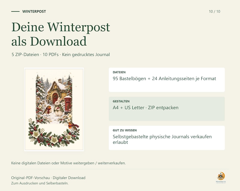 Winterpost-Covermotiv neben Datei- und Nutzungshinweisen: 5 ZIP-Dateien mit 10 PDFs, je Format 95 Bastelbögen und 24 Anleitungsseiten. A4 und US Letter; Verkauf selbstgebastelter physischer Journals erlaubt.