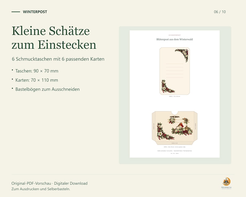 Originaler Winterpost-Bastelbogen mit Schmucktasche und passender Karte. Enthalten sind 6 Schmucktaschen mit 6 Karten; Taschenmaß 90 mal 70 Millimeter, Kartenmaß 70 mal 110 Millimeter.