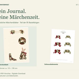 Winterpost-Märchenseite mit Hase neben einem originalen Schmuckelement-Bogen. 6 zusätzliche Märchenblätter sind Teil der 95 Bastelbögen; Journalformat etwa 135 mal 190 Millimeter.