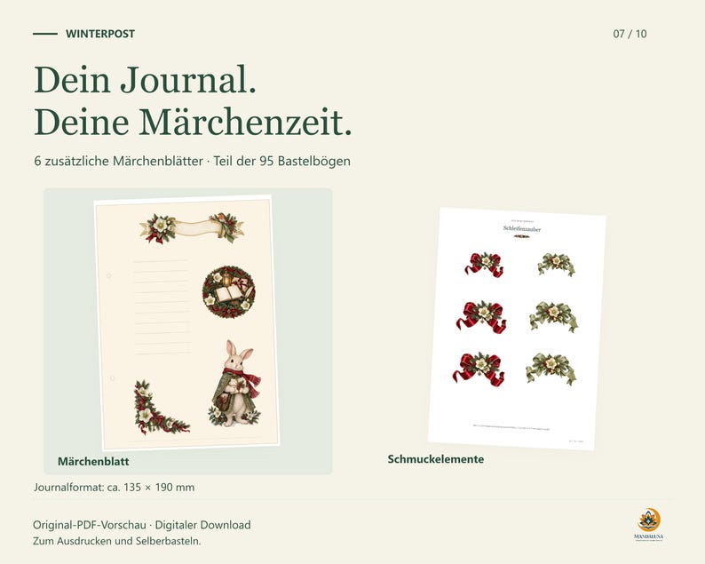 Winterpost-Märchenseite mit Hase neben einem originalen Schmuckelement-Bogen. 6 zusätzliche Märchenblätter sind Teil der 95 Bastelbögen; Journalformat etwa 135 mal 190 Millimeter.