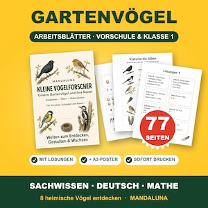 以下が含まれることがあります： GARTENVÖGELと題された教育用ワークシートセット。鳥や巣のイラストが描かれています。表紙にはクロウタドリ、コマドリ、シジュウカラ、キツツキが描かれています。算数や言語の練習問題、解答キー、赤い77 SEITENのバッジが含まれています。
