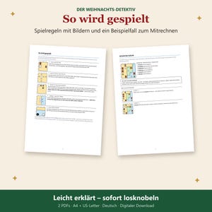 K&ouml;nnte beinhalten: Zwei wei&szlig;e Seiten mit Spielanleitungen unter dem Titel DER WEIHNACHTS-DETEKTIV So wird gespielt, mit schwarzem Text, nummerierten Listen und kleinen Rasterdiagrammen mit farbigen Quadraten und Symbolen zur Erkl&auml;rung der Spielregeln.
