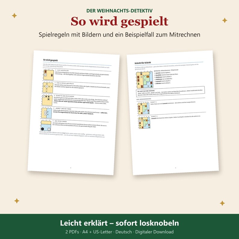 K&ouml;nnte beinhalten: Zwei wei&szlig;e Seiten mit Spielanleitungen unter dem Titel DER WEIHNACHTS-DETEKTIV So wird gespielt, mit schwarzem Text, nummerierten Listen und kleinen Rasterdiagrammen mit farbigen Quadraten und Symbolen zur Erkl&auml;rung der Spielregeln.