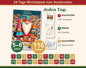 Wichtel-Adventskalender Kinder zum Ausdrucken | Adventskalender Inhalt: Wichtelpost | 116 Seiten PDF mit Geschichten, Rätseln, Ausmalbildern