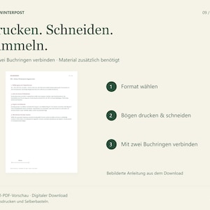 Originale Winterpost-Anleitungsseite neben drei Schritten: Format wählen, Bögen drucken und schneiden, mit zwei zusätzlich benötigten Buchringen verbinden.