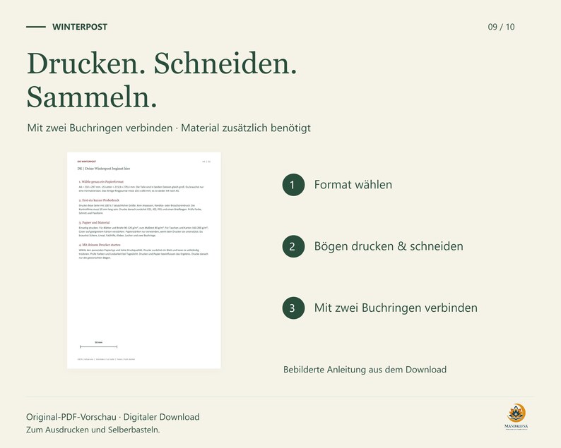 Originale Winterpost-Anleitungsseite neben drei Schritten: Format wählen, Bögen drucken und schneiden, mit zwei zusätzlich benötigten Buchringen verbinden.