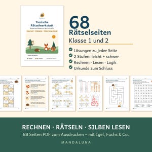 Può includere: Un quaderno di esercizi educativo digitale intitolato Tierische Rätselwerkstatt con 68 pagine di enigmi di matematica, lettura e logica per le classi 1 e 2. La copertina mostra una scena boschiva con un riccio, una volpe e un gufo.