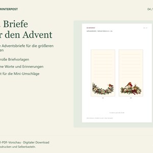 Originaler Winterpost-Druckbogen mit zwei großen, linierten Adventsbriefen und floralen Wintermotiven. Grafik zum Umfang von 24 Briefvorlagen für größere Taschen; nicht für Mini-Umschläge.