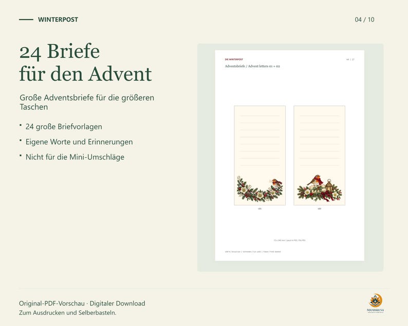 Originaler Winterpost-Druckbogen mit zwei großen, linierten Adventsbriefen und floralen Wintermotiven. Grafik zum Umfang von 24 Briefvorlagen für größere Taschen; nicht für Mini-Umschläge.