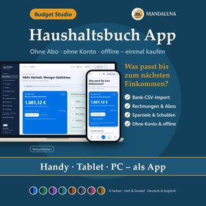 May include: A digital budget planner app interface displayed on a laptop and smartphone screen. The dark blue background features text in German including Haushaltsbuch App, features like Bank-CSV-Import, and device compatibility for mobile, tablet, and PC.
