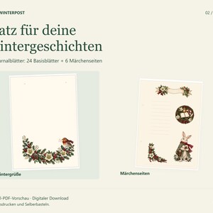 Winterpost-Infografik mit zwei originalen PDF-Journalblättern: winterlicher Rotkehlchenrand und Märchenseite mit Hase. 30 Journalblätter, davon 24 Basisblätter und 6 Märchenseiten.