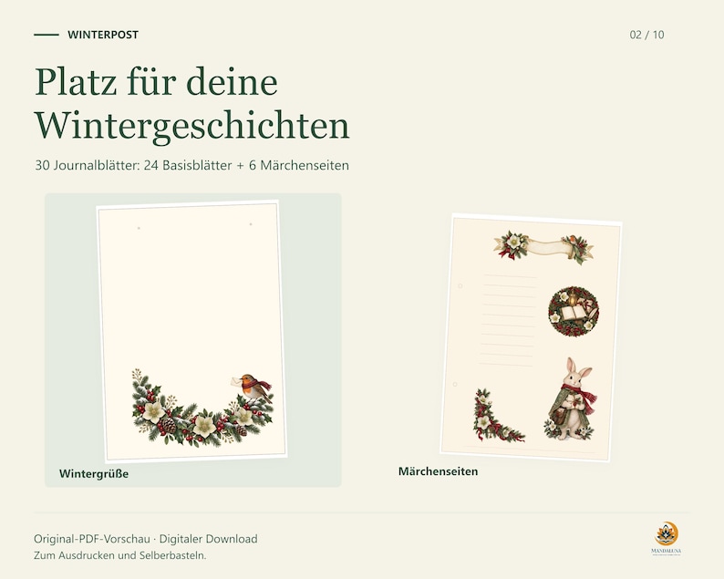 Winterpost-Infografik mit zwei originalen PDF-Journalblättern: winterlicher Rotkehlchenrand und Märchenseite mit Hase. 30 Journalblätter, davon 24 Basisblätter und 6 Märchenseiten.